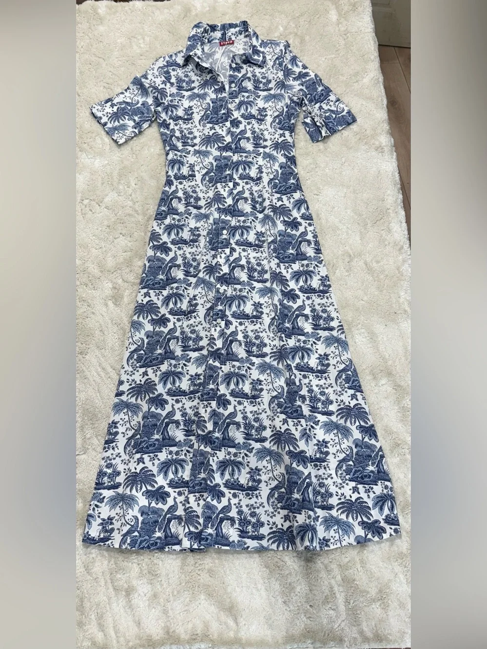 Staud Wells Blue White Toile Print Shirt Dress Maxi Size Small Tropical Palm NWT - Picture 2 of 7